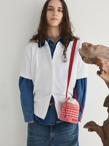 Girls' Ida Knitted Gingham Bucket Bag, Gingham Red, hi-res