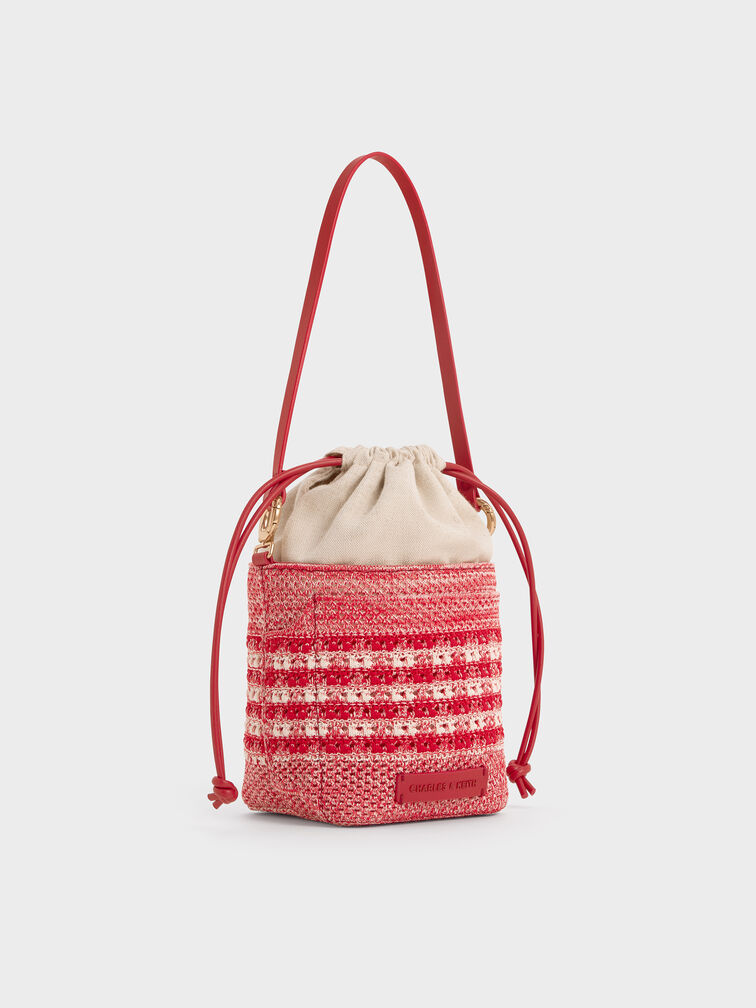 Girls' Ida Knitted Gingham Bucket Bag, Gingham Red, hi-res