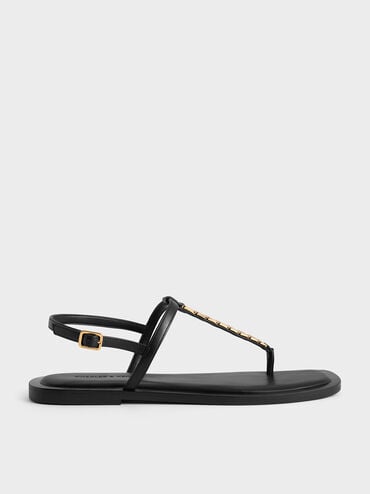 Chain-Link Thong Sandals, Black, hi-res