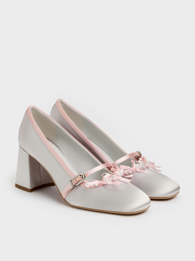Noelie Satin Pearl-Bow Mary Jane Pumps, Silver, hi-res