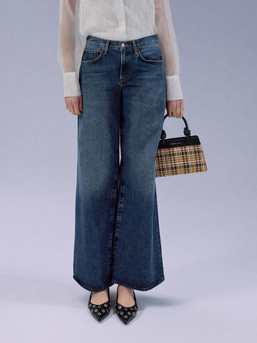 Sabine Tartan Knotted-Handle Tote Bag, Tartan Straw, hi-res