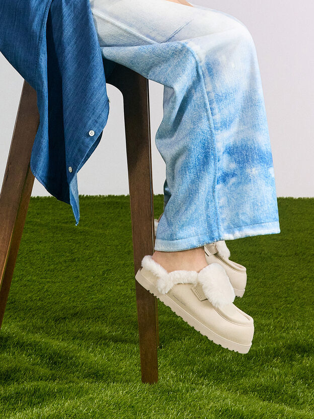 Textured Fur-Trim Flatform Mules, Beige, hi-res