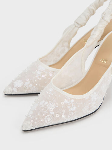 Tayari Embroidered-Mesh Slingback Pumps, White, hi-res