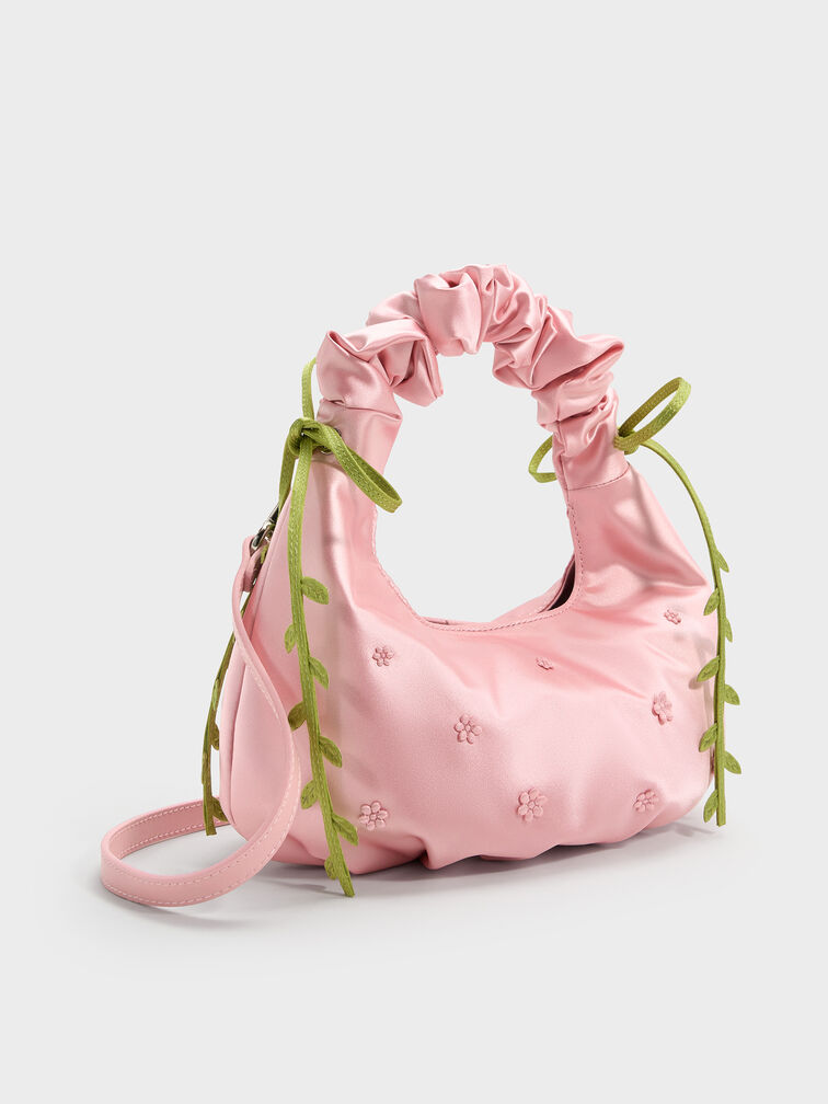 Mabel Satin Floral-Vine Hobo Bag, Pink, hi-res
