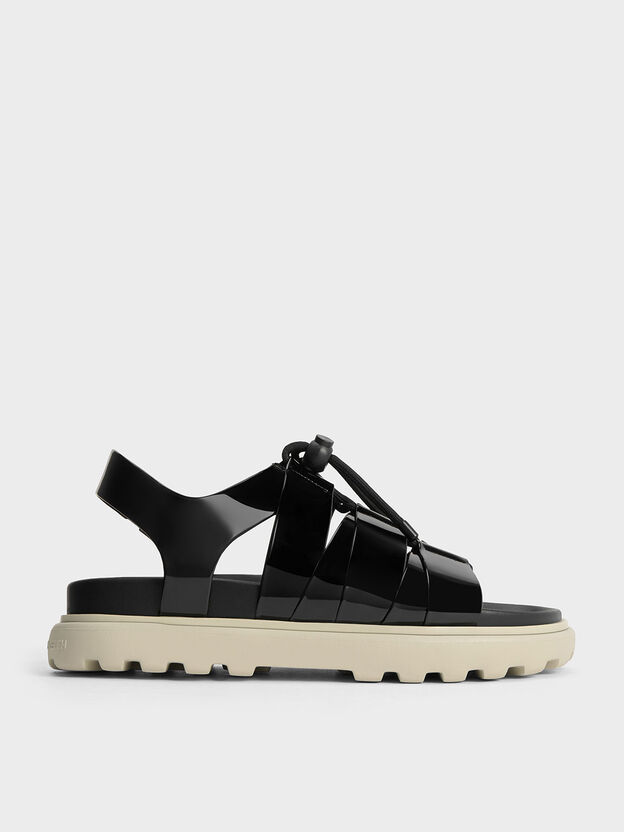 Patent Drawstring Lace-Up Sandals, Black Patent, hi-res