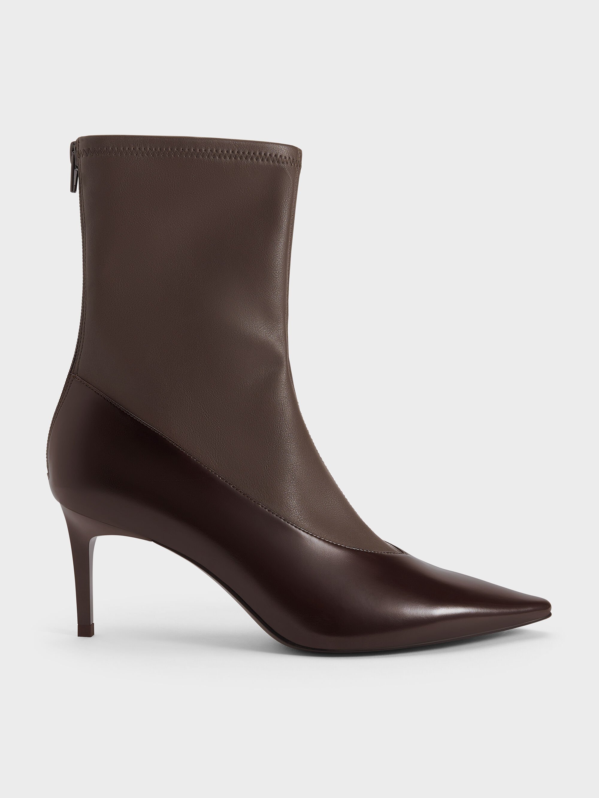Dark Brown Pointed-Toe Back-Zip Stiletto-Heel Ankle Boots