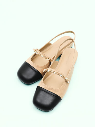 Rio Beaded Chain-Link Slingback Flats, Sand, hi-res