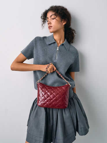 Duo Quilted Slouchy Hobo Bag, Burgundy, hi-res