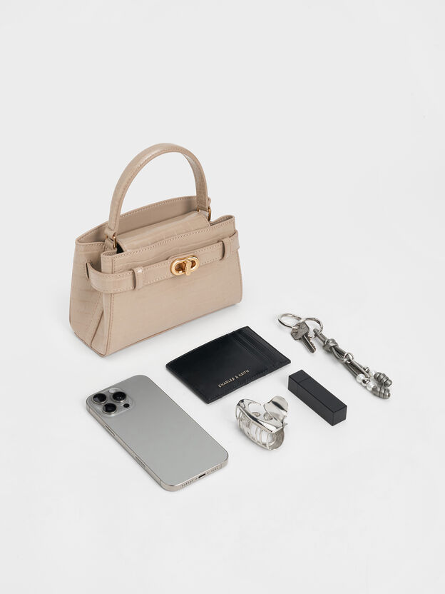 Aubrielle Croc-Effect Belted Top Handle Bag, Taupe, hi-res