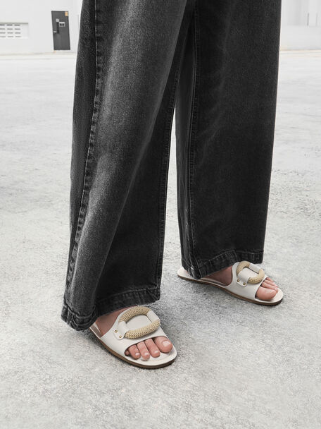 Raffia Ring Slide Sandals, White, hi-res