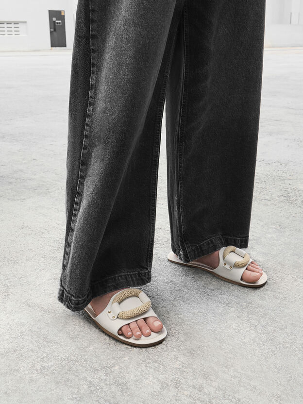 Raffia Ring Slide Sandals, White, hi-res