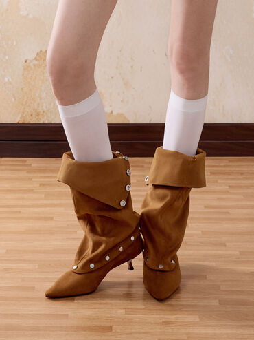 Gael Faux Suede Studded Convertible Kitten-Heel Knee-High Boots, Brown, hi-res