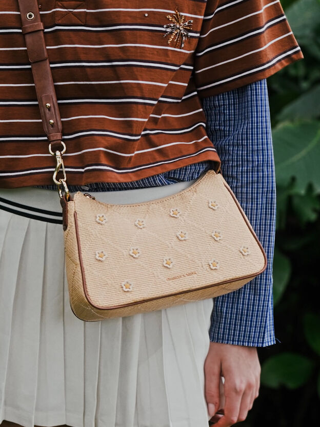 Philomena Raffia Flower Crossbody Bag, Beige, hi-res