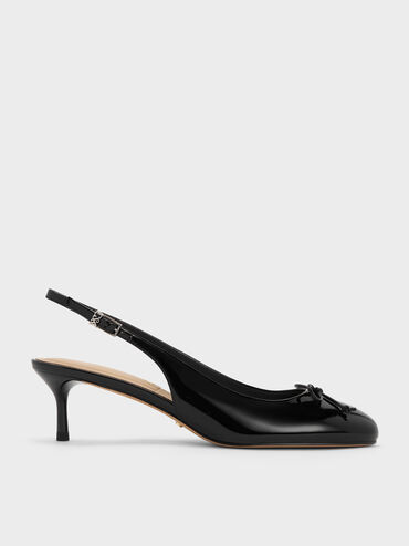 Aretha Patent Leather Bow Slingback Kitten Heels, Black Patent, hi-res