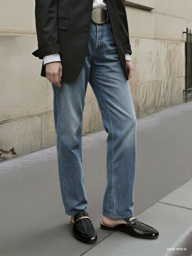 Metallic-Bar Loafer Mules, Black Box, hi-res