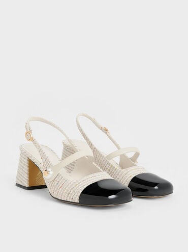 Aeryn Tweed Pearl-Embellished Slingback Pumps, Cream, hi-res