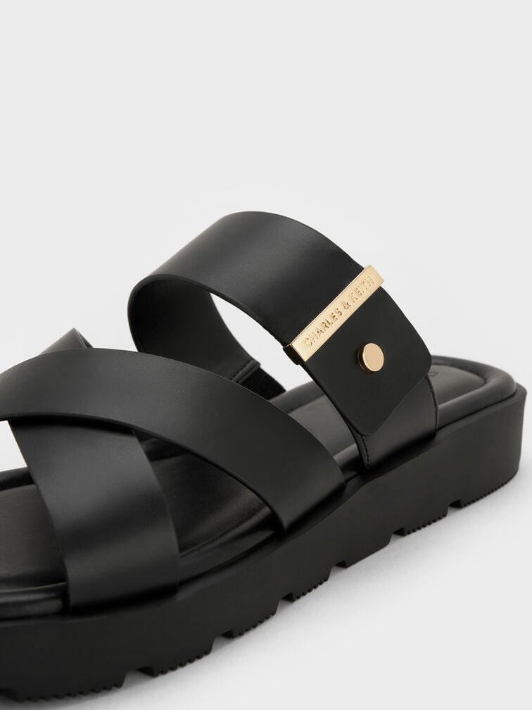 Metallic-Accent Crossover-Strap Slide Sandals, Black, hi-res