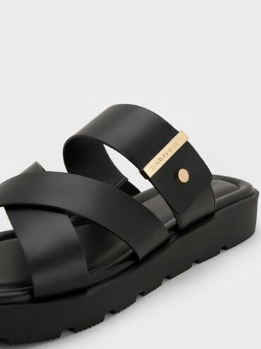 Metallic-Accent Crossover-Strap Slide Sandals, Black, hi-res