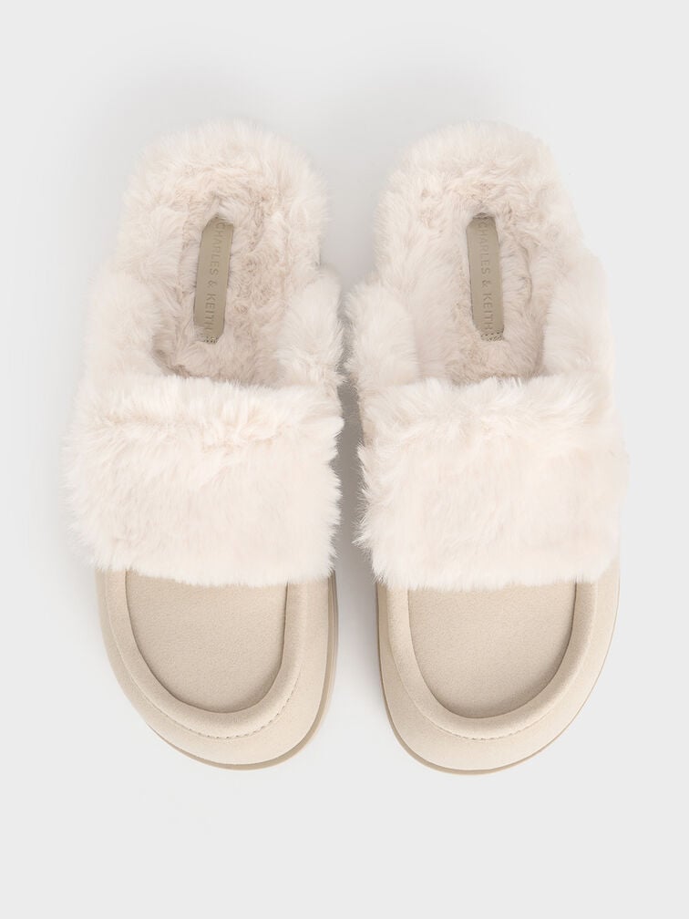 Textured Fur-Trim Flatform Mules, Beige Textured Fur-Trim Flatform Mules, Beige, hi-res