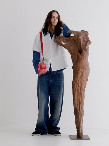 Girls' Ida Knitted Gingham Bucket Bag, Gingham Red, hi-res