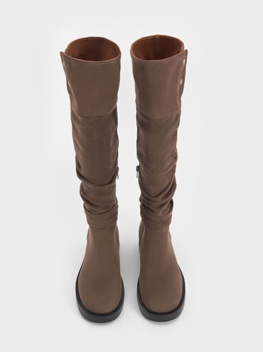 Ellis Faux Suede Ruched Buckled Fold-Over Thigh-High Boots, Dark Brown Textured, hi-res