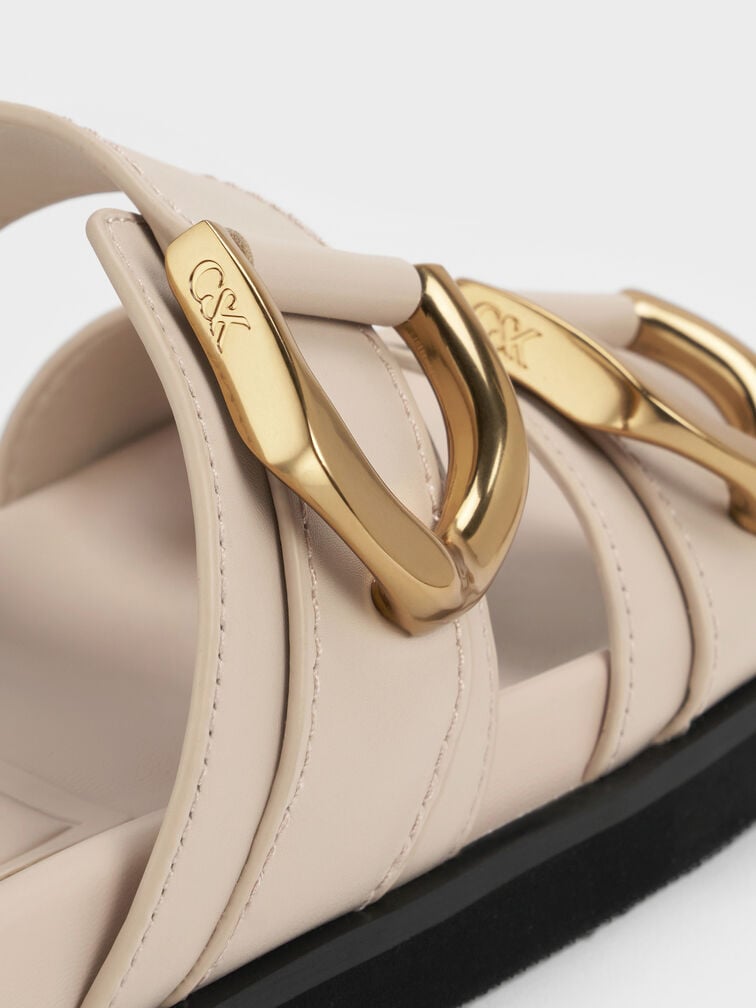 Gabine Gold-Buckle Leather Slides, Oat, hi-res
