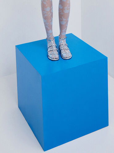 Metallic Gem-Embellished Bow T-Bar Sandals, Silver, hi-res