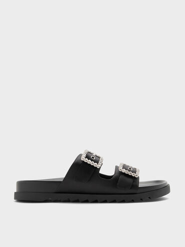 Recycled Polyester Gem-Buckle Double-Strap Sandals, Black Textured, hi-res