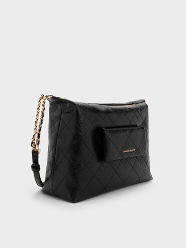 Duo Quilted Front-Pocket Hobo Bag, Black, hi-res
