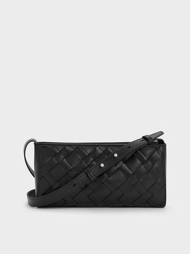 Ivette Woven Elongated Shoulder Bag, Noir, hi-res
