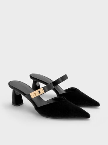 Lando Velvet Pointed-Toe Metallic-Buckle Heeled Mules, Black Textured, hi-res