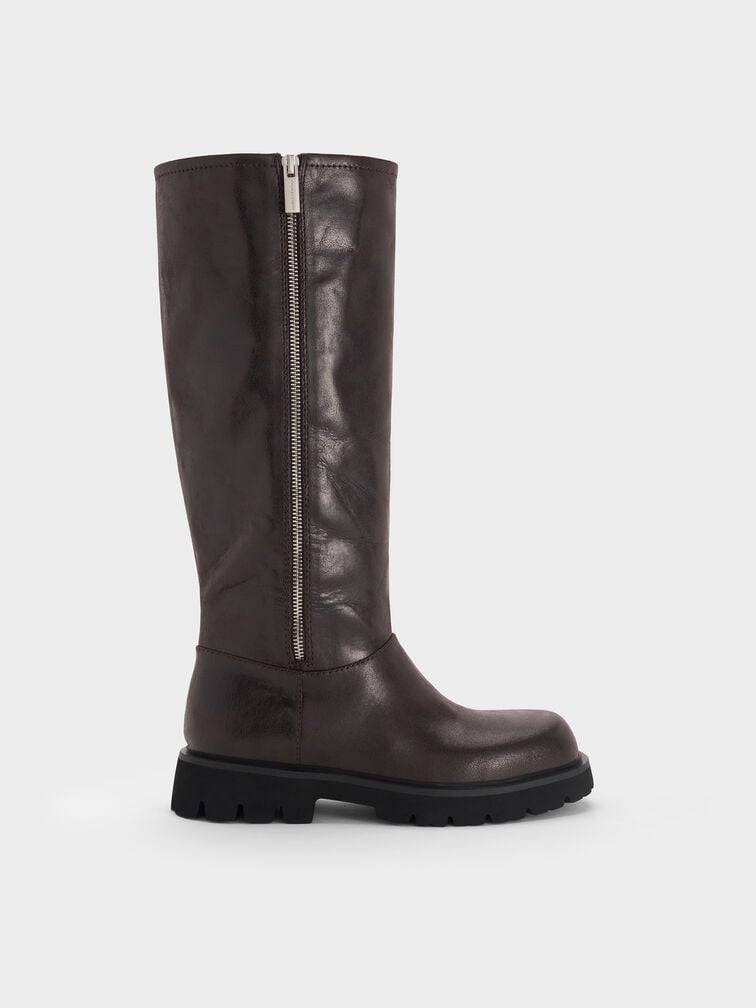 Rosamond Side-Zip Ridged-Sole Knee-High Boots, Dark Brown Textured, hi-res