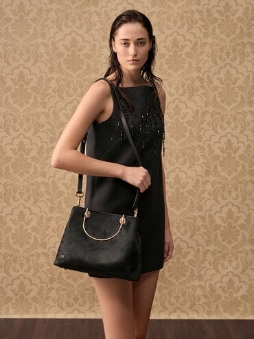 Pony Hair & Leather Ring-Handle Bag, Black, hi-res