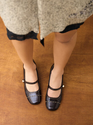Studded Mary Jane Pumps, Dark Brown, hi-res