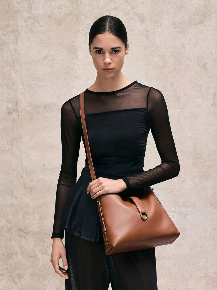 Gabine Leather Belted Hobo Bag, Chocolate, hi-res