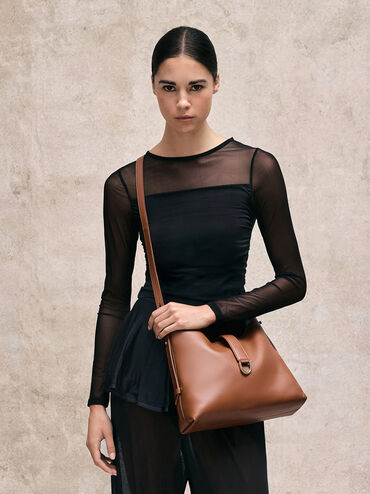 Gabine Leather Belted Hobo Bag, Chocolate, hi-res