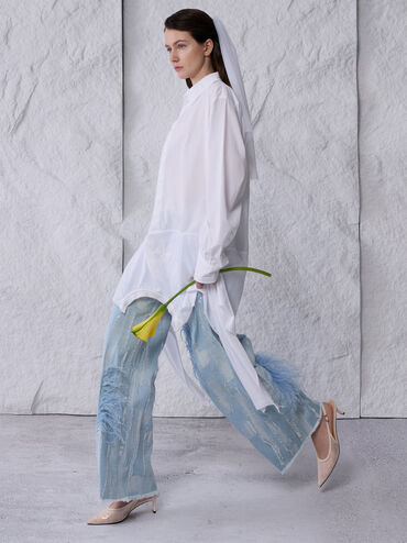 Sequin Mesh & Leather Slingback Kitten Heels, Nude, hi-res