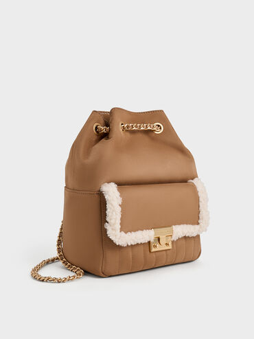 Donna Faux Suede Fur-Trim Backpack, Tan, hi-res