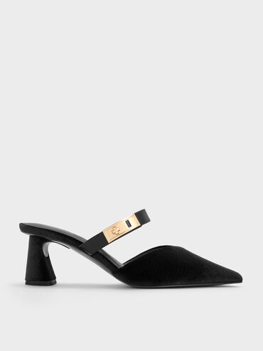 Lando Velvet Pointed-Toe Metallic-Buckle Heeled Mules, Black Textured, hi-res