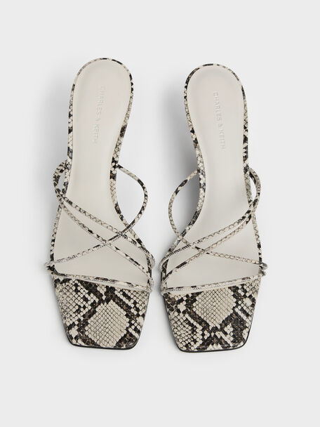 Snake-Print Strappy Heeled Sandals, Animal Print Natural, hi-res