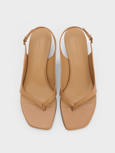 Rayne Square-Toe Kitten-Heel Thong Slingback Sandals, Cognac, hi-res