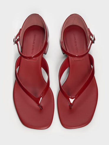 Patent Block-Heel Ankle-Strap Thong Sandals, Red, hi-res