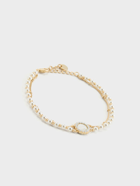 Pearl & Gemstone Double-Chain Bracelet, White, hi-res