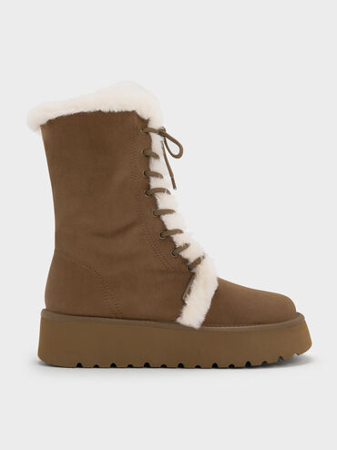 Faux Suede & Faux Fur Foldover Flatform Boots, Brown, hi-res