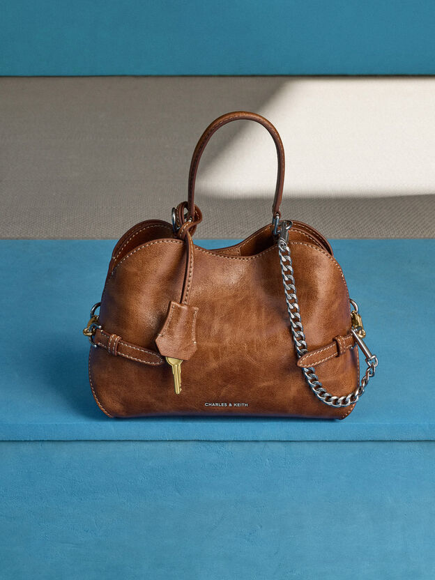 Delfina Chain Side-Belt Tote Bag, Distressed Tan, hi-res