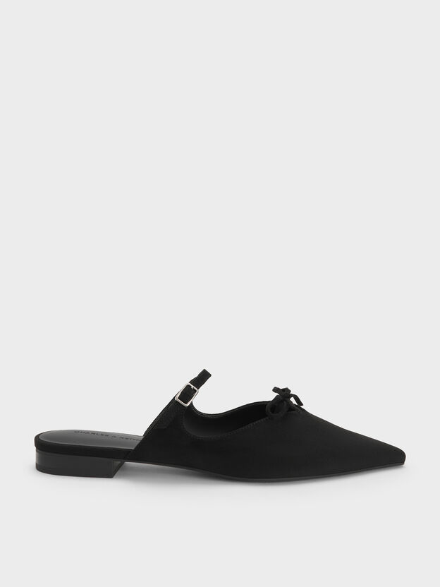 Faux Suede Bow Mary Jane Mules, Black Textured, hi-res
