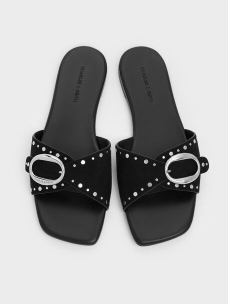 Studded Buckled Slide Sandals, Black, hi-res