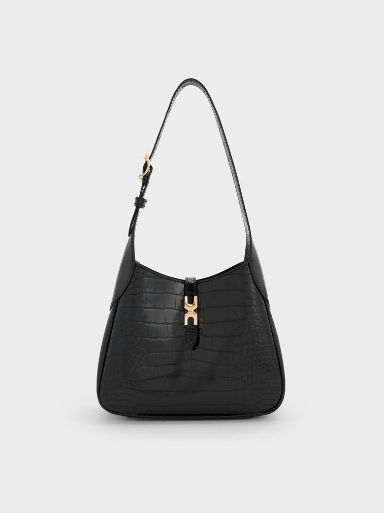 Mini Adalyn Croc-Effect Metallic-Buckle Belted Hobo Bag, Black Croco, hi-res