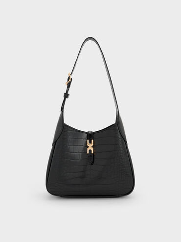 Mini Adalyn Croc-Effect Hobo Bag, Black Croco, hi-res