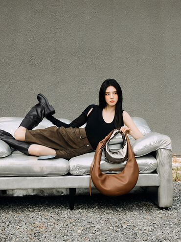 Toni Knotted Crescent Hobo Bag, Chocolate, hi-res